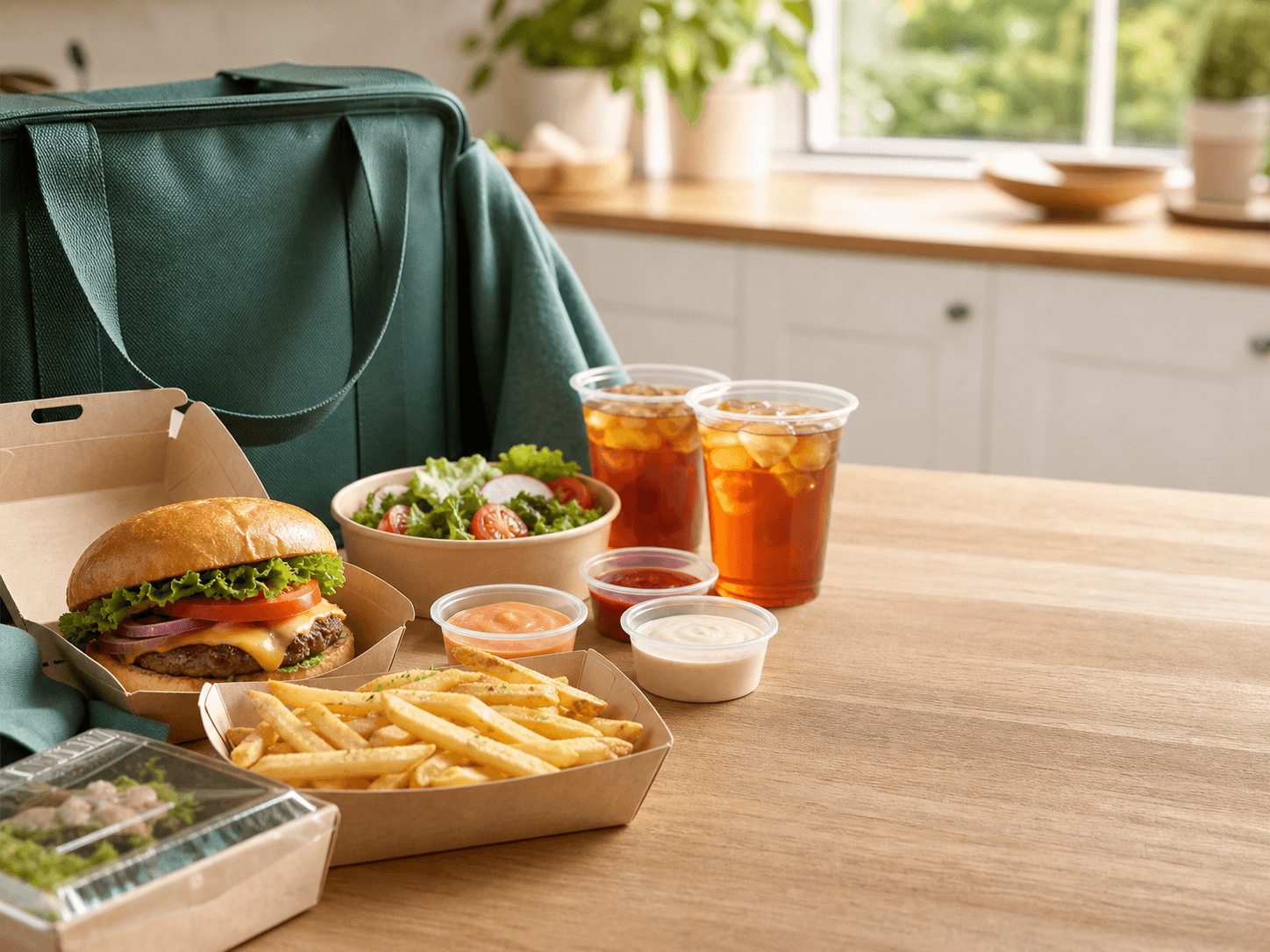 Delivered burger, fries, salad, sauces, and iced drinks on a table