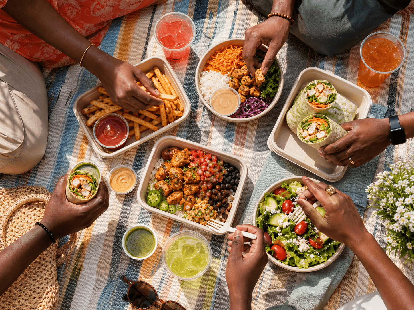 Friends sharing delivered takeout on a picnic blanket